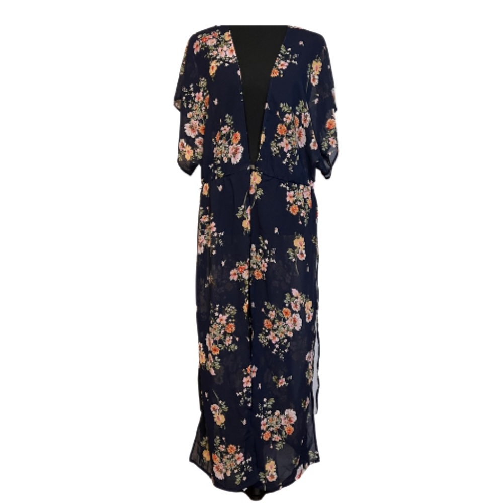 Sim &‎ Sam Blue Floral Long Kimono Dress Size L/XL